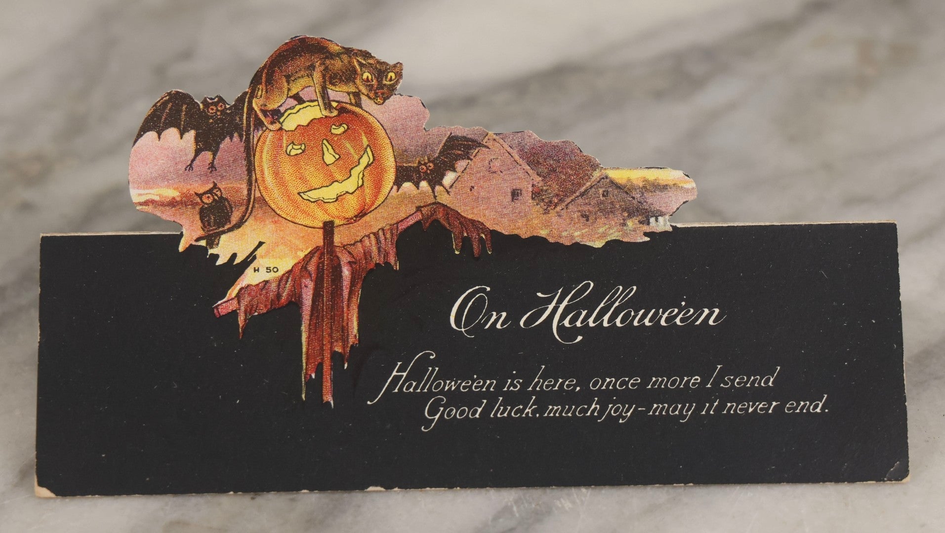 Lot 029 - Antique Die-Cut Stand-Up Halloween Card “On Halloween” Black Cat, Jack-O'-Lantern, Bats & Owl, Series H 50, Fold-Out Easel Card