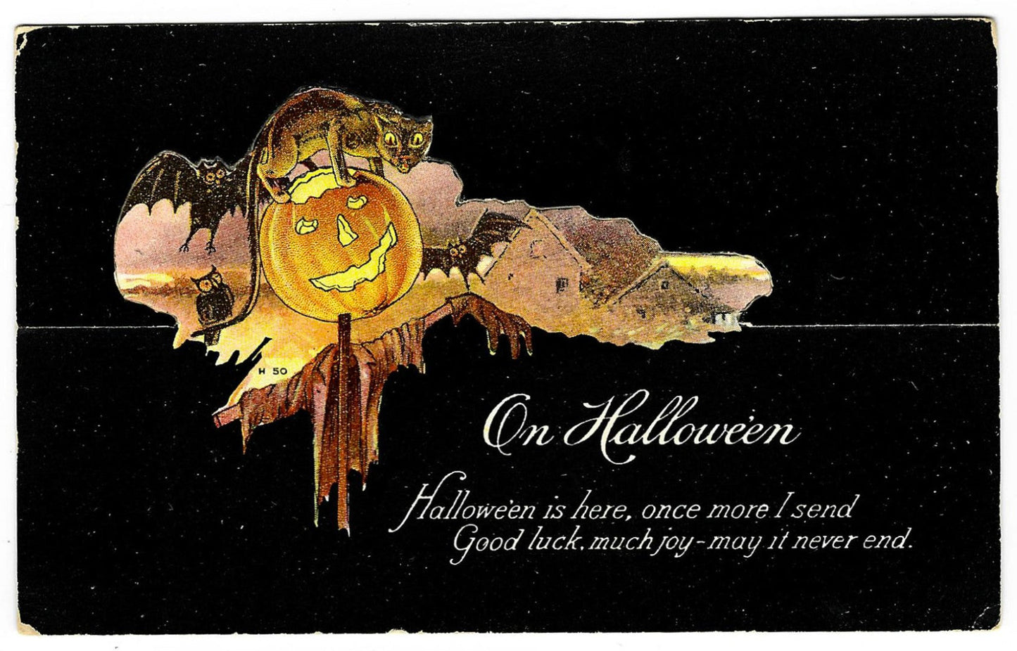 Lot 029 - Antique Die-Cut Stand-Up Halloween Card “On Halloween” Black Cat, Jack-O'-Lantern, Bats & Owl, Series H 50, Fold-Out Easel Card