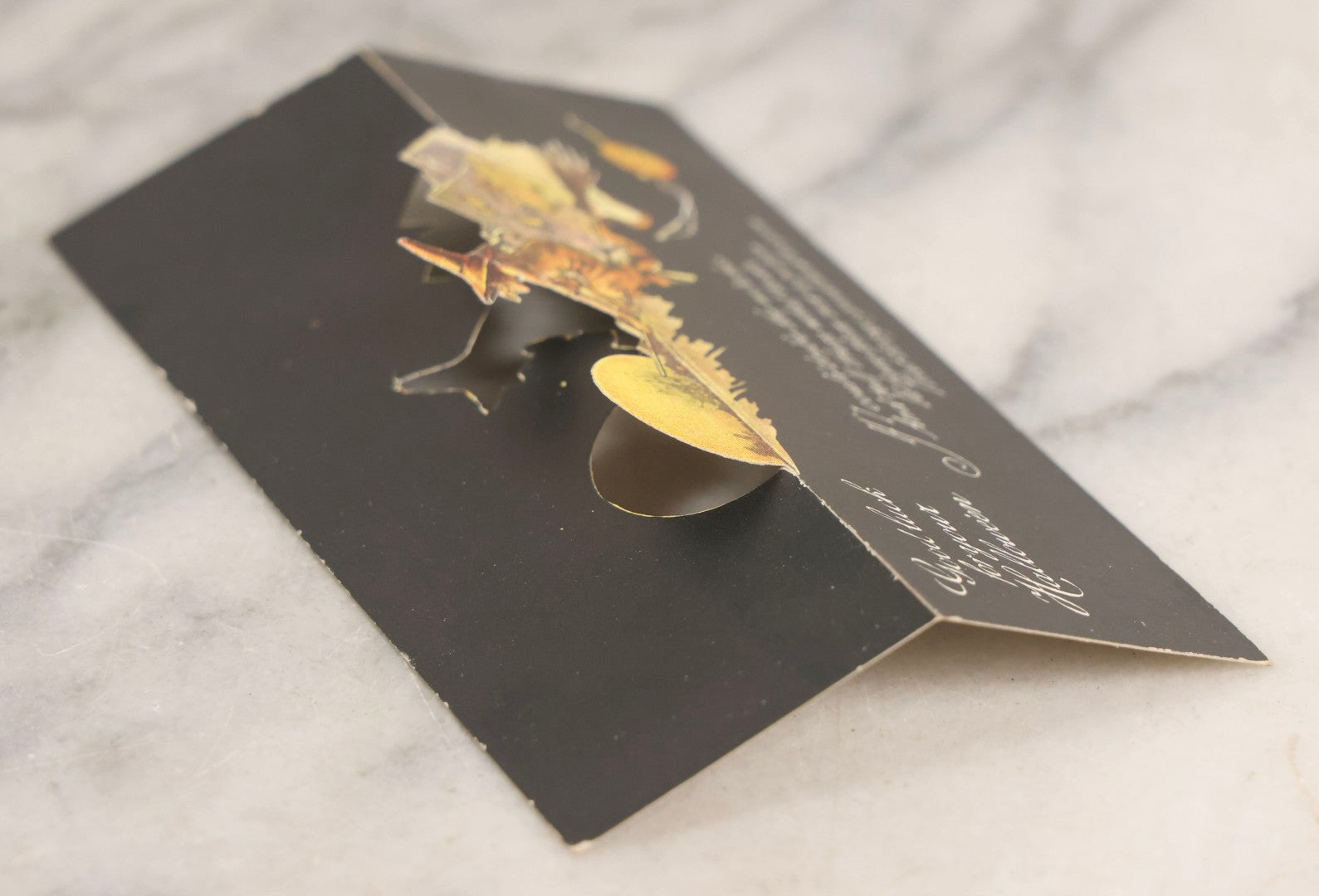 Lot 030 - Antique Die-Cut Stand-Up Halloween Card “Good Luck For Your Halloween” Flying Witch With Jack-O'-Lantern, Series H 50, Fold-Out Easel Card, Written On Verso