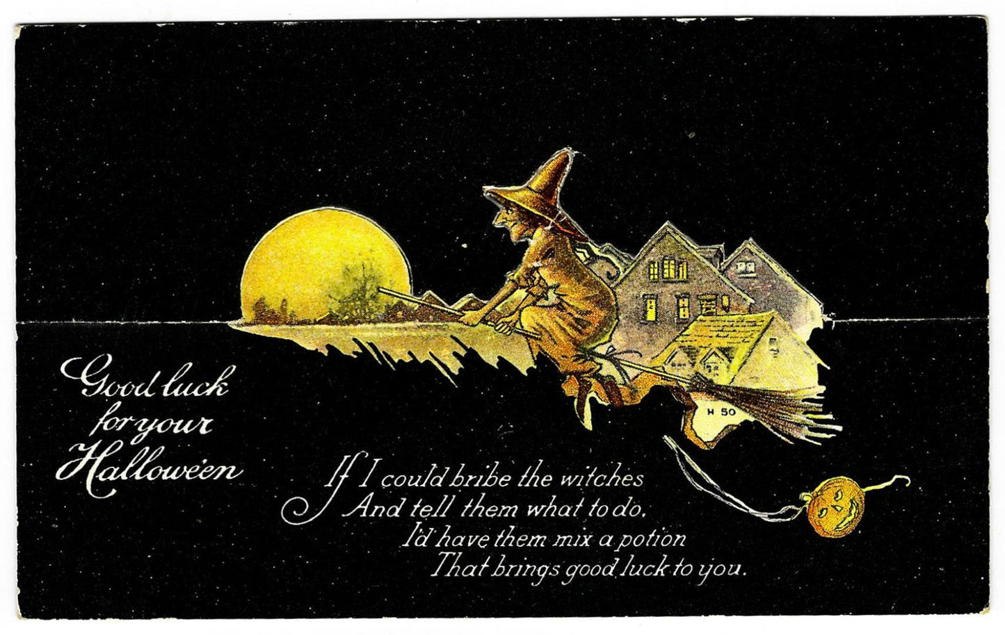 Lot 030 - Antique Die-Cut Stand-Up Halloween Card “Good Luck For Your Halloween” Flying Witch With Jack-O'-Lantern, Series H 50, Fold-Out Easel Card, Written On Verso