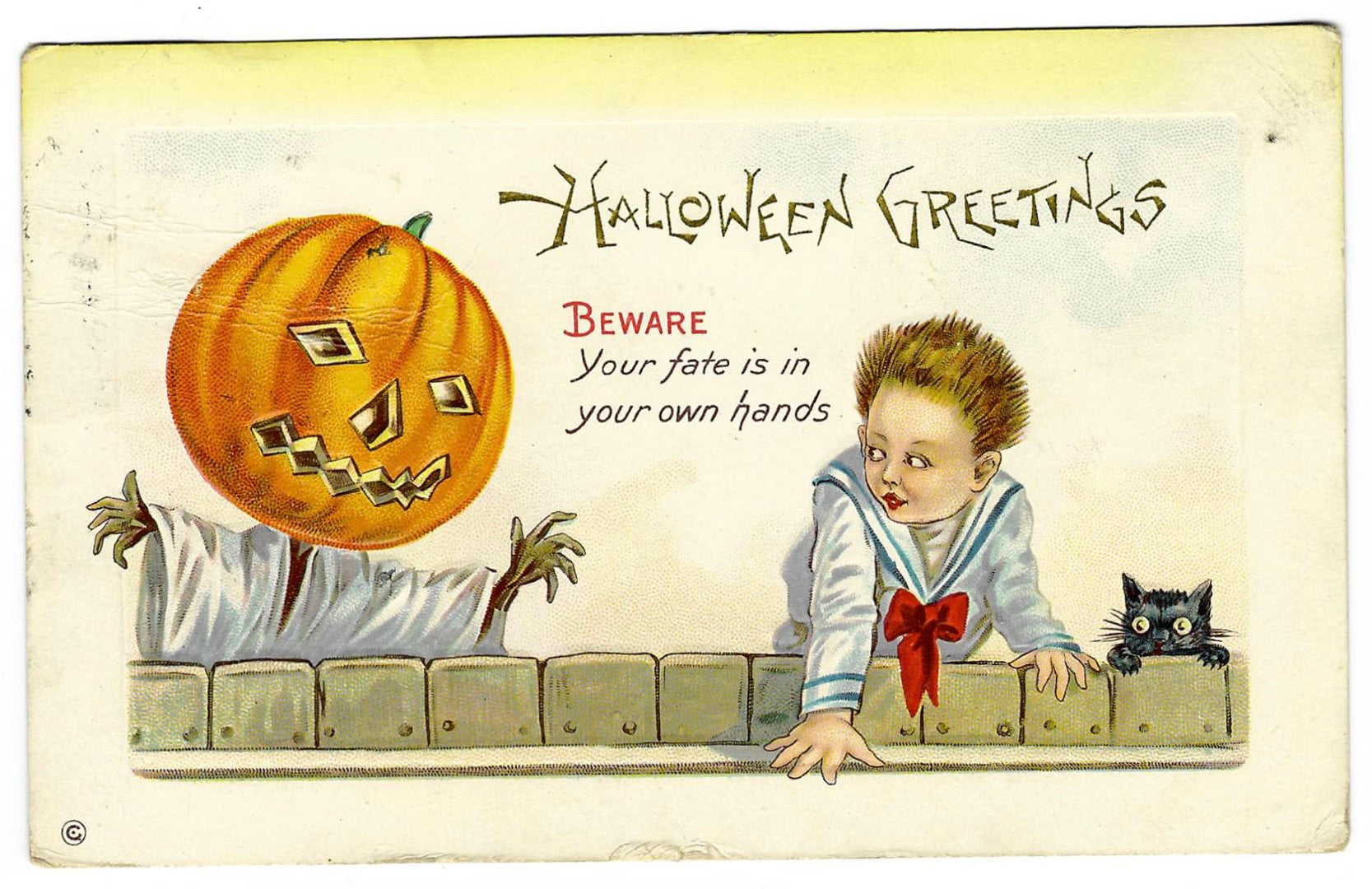 Lot 032 - Antique Illustrated Halloween Postcard “Halloween Greetings – Beware, Your Fate Is In Your Own Hands” Depicting Pumpkin-Headed Figure Startling Child And Black Cat, Series 339 C, Postmarked Revere, Massachusetts, 1910s Written On Verso