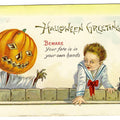 Lot 032 - Antique Illustrated Halloween Postcard “Halloween Greetings – Beware, Your Fate Is In Your Own Hands” Depicting Pumpkin-Headed Figure Startling Child And Black Cat, Series 339 C, Postmarked Revere, Massachusetts, 1910s Written On Verso