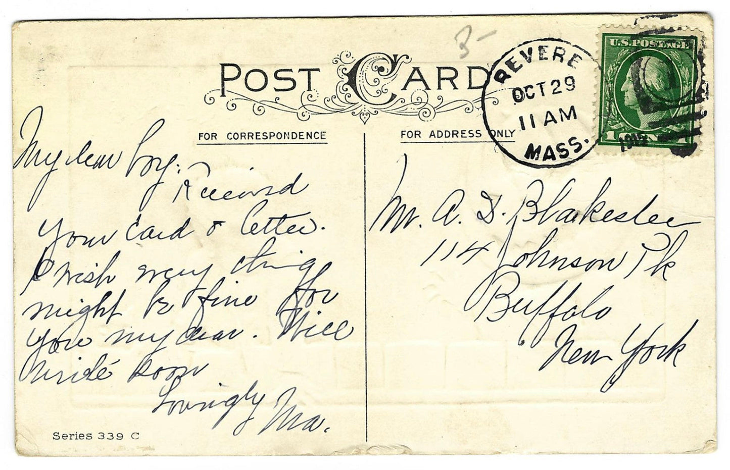 Lot 032 - Antique Illustrated Halloween Postcard “Halloween Greetings – Beware, Your Fate Is In Your Own Hands” Depicting Pumpkin-Headed Figure Startling Child And Black Cat, Series 339 C, Postmarked Revere, Massachusetts, 1910s Written On Verso