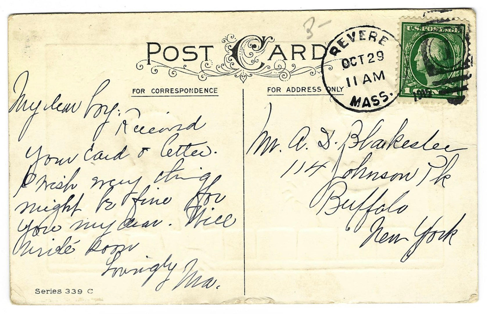 Lot 032 - Antique Illustrated Halloween Postcard “Halloween Greetings – Beware, Your Fate Is In Your Own Hands” Depicting Pumpkin-Headed Figure Startling Child And Black Cat, Series 339 C, Postmarked Revere, Massachusetts, 1910s Written On Verso