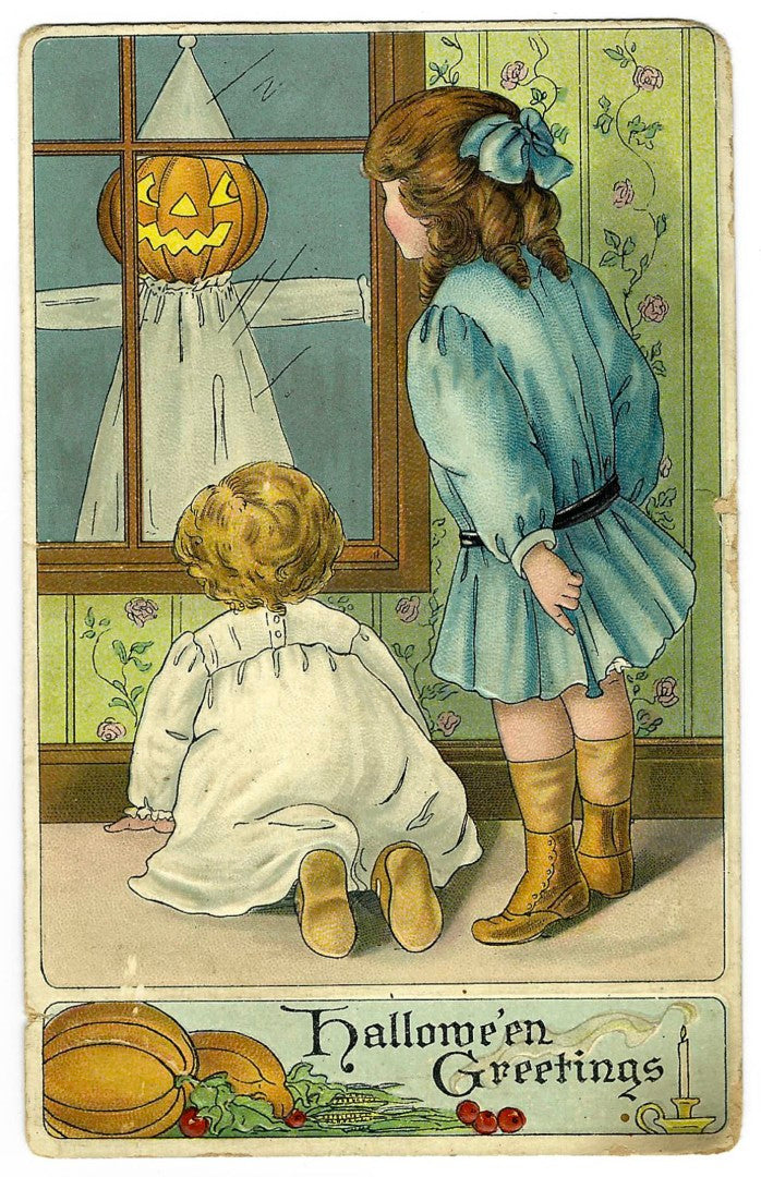 Lot 033 - Antique Embossed Halloween Postcard “Hallowe'en Greetings” Depicting Children Frightened By Jack-O-Lantern Ghost At Window, B.W. 374, Printed In Germany, Postmarked Buffalo, New York, 1913, Written On Verso