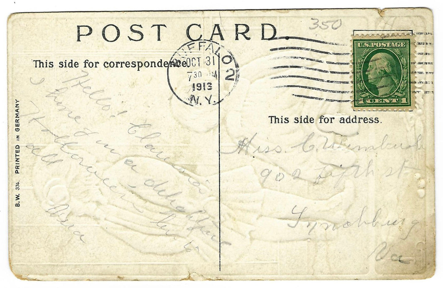 Lot 033 - Antique Embossed Halloween Postcard “Hallowe'en Greetings” Depicting Children Frightened By Jack-O-Lantern Ghost At Window, B.W. 374, Printed In Germany, Postmarked Buffalo, New York, 1913, Written On Verso