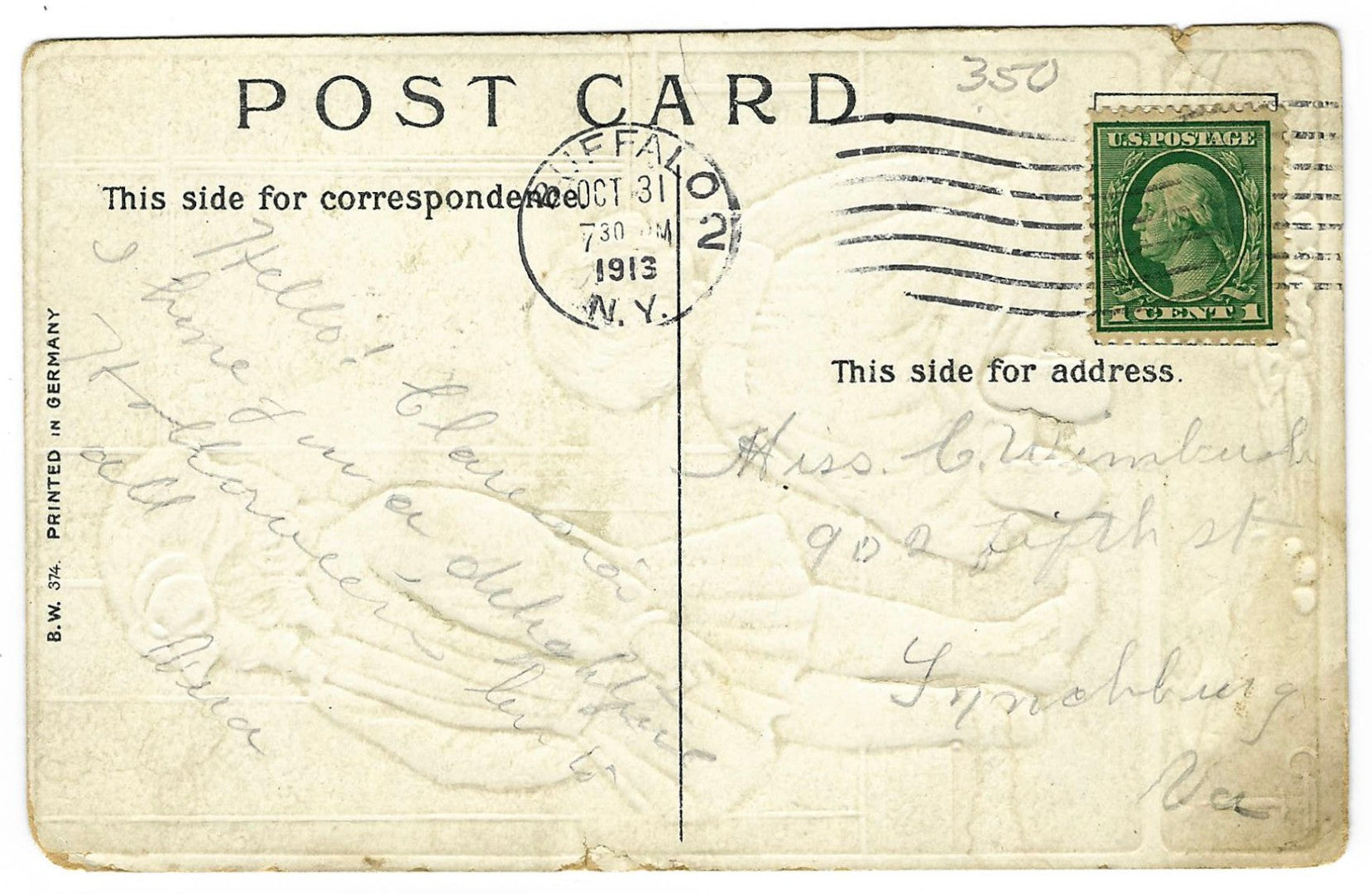 Lot 033 - Antique Embossed Halloween Postcard “Hallowe'en Greetings” Depicting Children Frightened By Jack-O-Lantern Ghost At Window, B.W. 374, Printed In Germany, Postmarked Buffalo, New York, 1913, Written On Verso