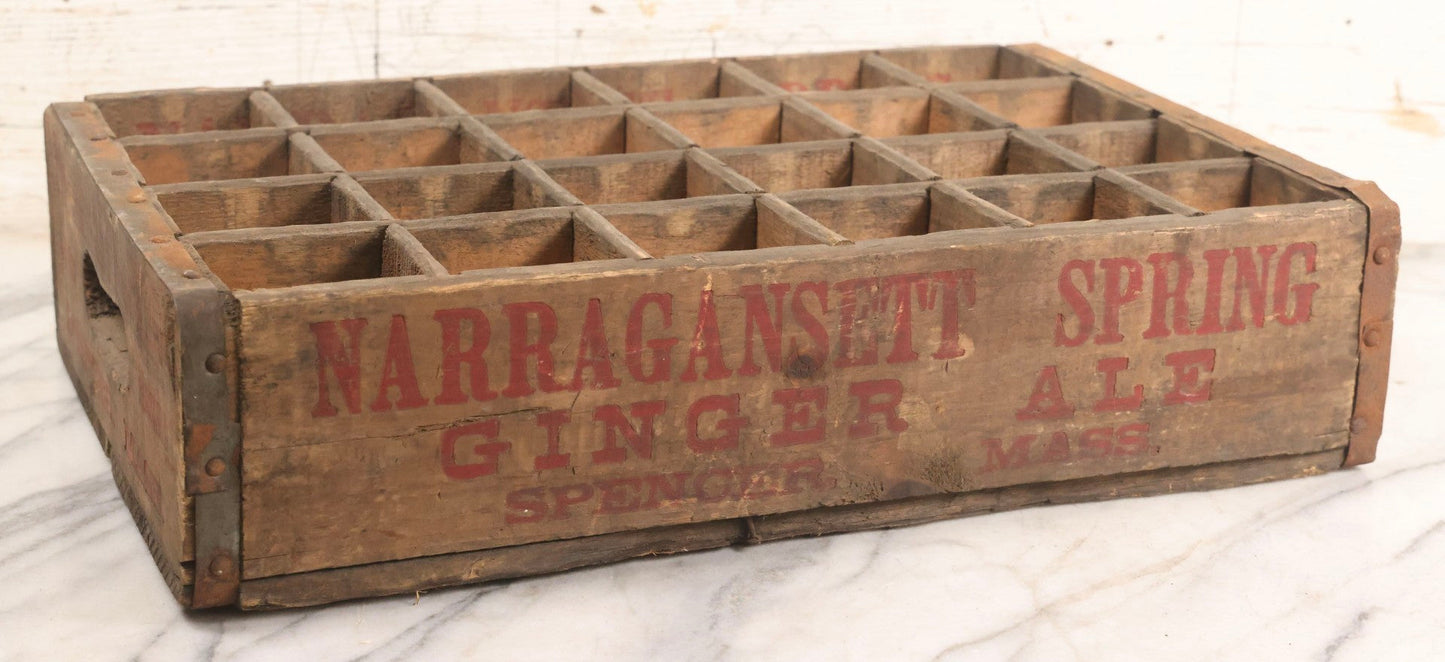 Lot 042 - Vintage 24-Section Wooden Soda Bottle Crate For Narragansett Spring Ginger Ale, Spencer, Massachusetts, With Red Lettering And Metal Supports
