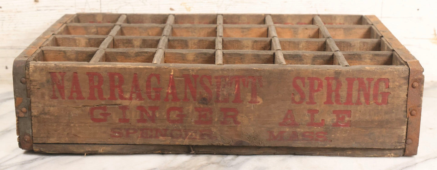 Lot 042 - Vintage 24-Section Wooden Soda Bottle Crate For Narragansett Spring Ginger Ale, Spencer, Massachusetts, With Red Lettering And Metal Supports