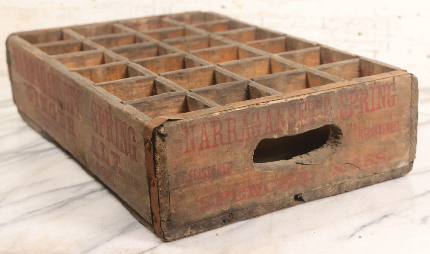 Lot 042 - Vintage 24-Section Wooden Soda Bottle Crate For Narragansett Spring Ginger Ale, Spencer, Massachusetts, With Red Lettering And Metal Supports