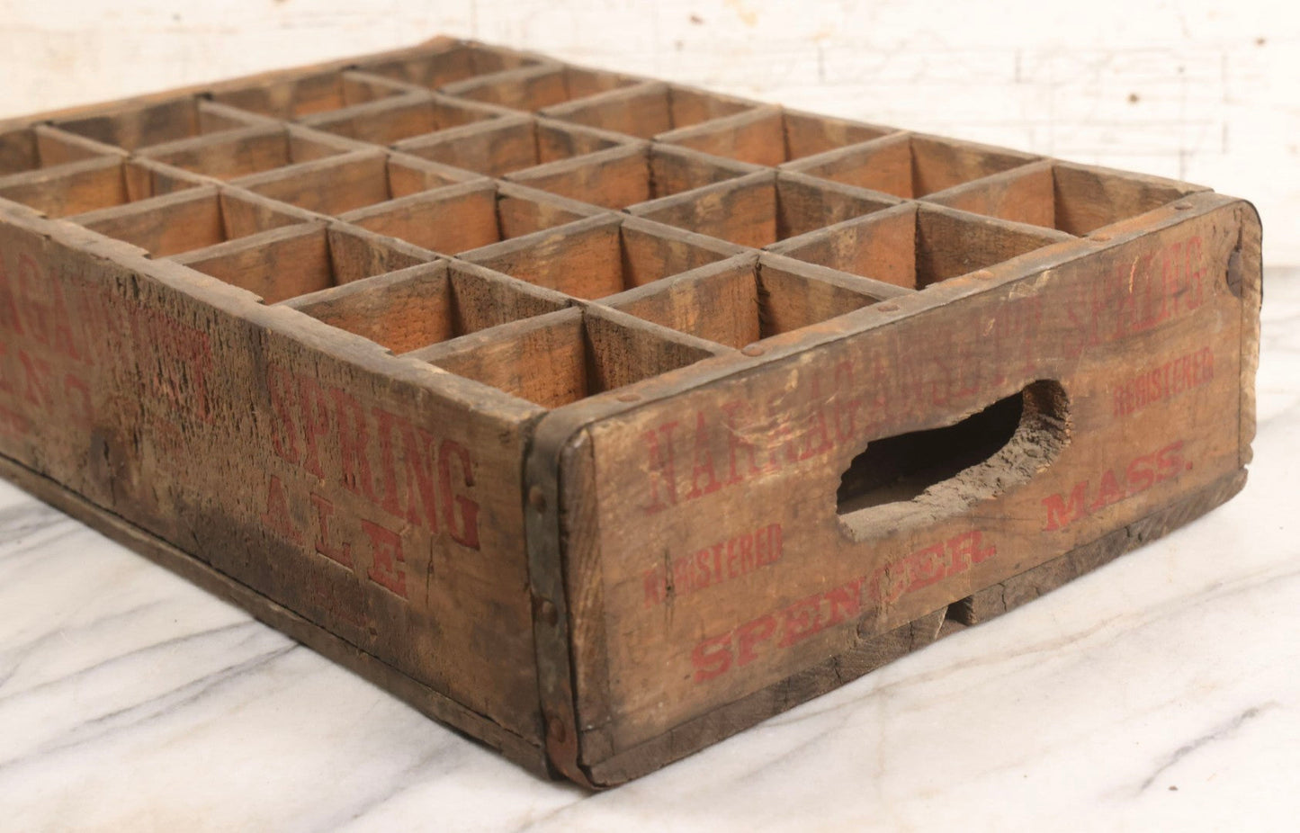 Lot 042 - Vintage 24-Section Wooden Soda Bottle Crate For Narragansett Spring Ginger Ale, Spencer, Massachusetts, With Red Lettering And Metal Supports