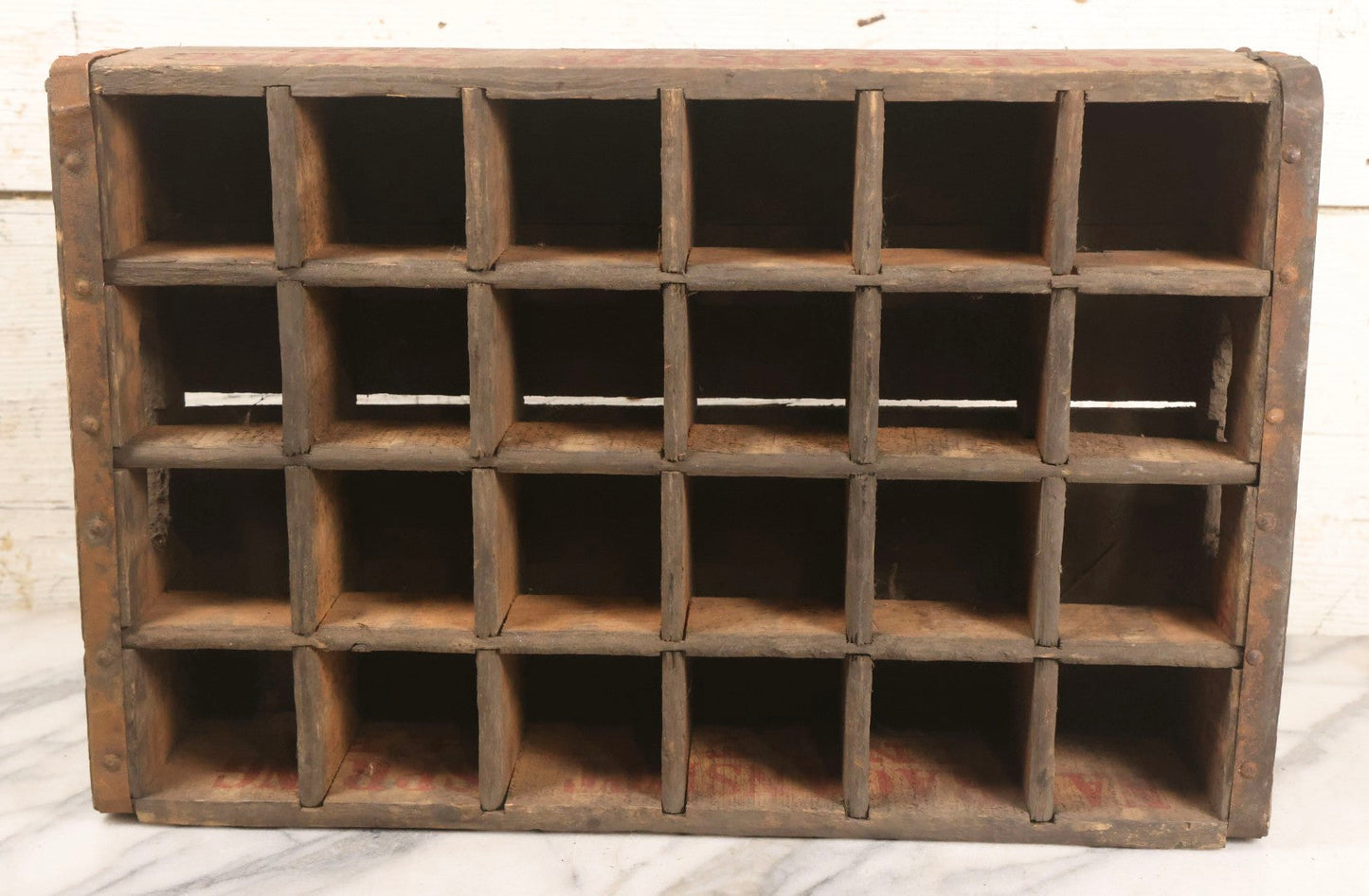 Lot 042 - Vintage 24-Section Wooden Soda Bottle Crate For Narragansett Spring Ginger Ale, Spencer, Massachusetts, With Red Lettering And Metal Supports