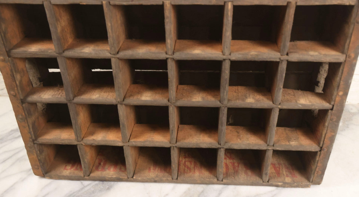 Lot 042 - Vintage 24-Section Wooden Soda Bottle Crate For Narragansett Spring Ginger Ale, Spencer, Massachusetts, With Red Lettering And Metal Supports