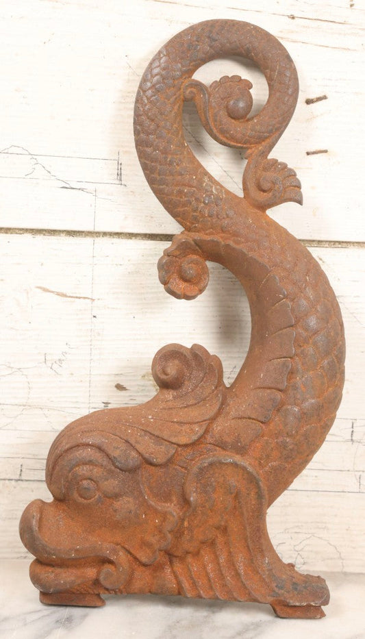 Lot 044 - Antique Rusty Cast Iron Stylized Dolphin Andiron End By Bradley & Hubbard, No. 9512, Marked “Pat. Apld. For," 14-1/4" H