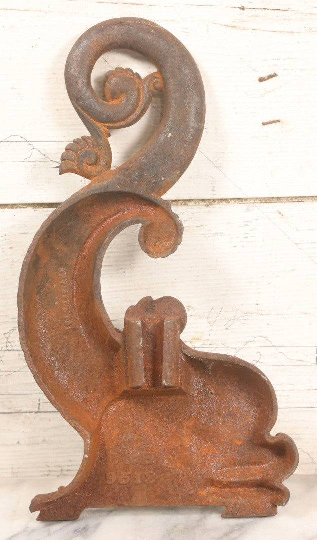 Lot 044 - Antique Rusty Cast Iron Stylized Dolphin Andiron End By Bradley & Hubbard, No. 9512, Marked “Pat. Apld. For," 14-1/4" H