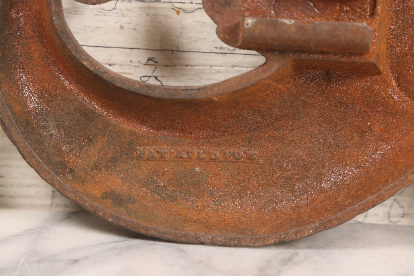 Lot 044 - Antique Rusty Cast Iron Stylized Dolphin Andiron End By Bradley & Hubbard, No. 9512, Marked “Pat. Apld. For," 14-1/4" H