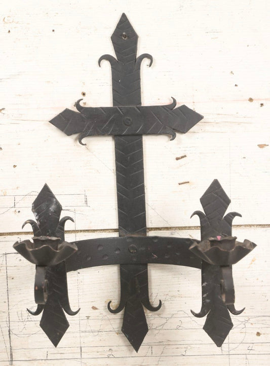 Lot 048 - Vintage Black Painted Metal Two-Arm Wall Sconce, Made In Spain, 16-3/4" H