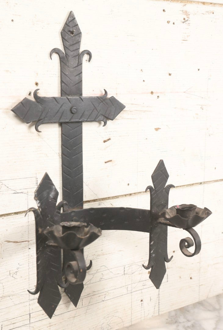 Lot 048 - Vintage Black Painted Metal Two-Arm Wall Sconce, Made In Spain, 16-3/4" H