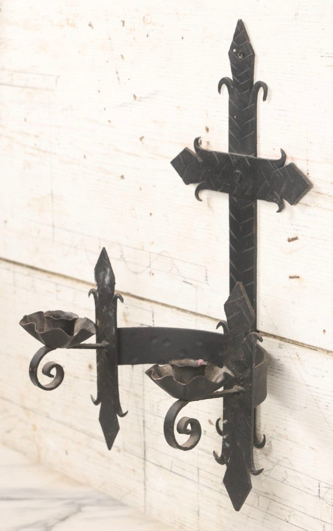 Lot 048 - Vintage Black Painted Metal Two-Arm Wall Sconce, Made In Spain, 16-3/4" H