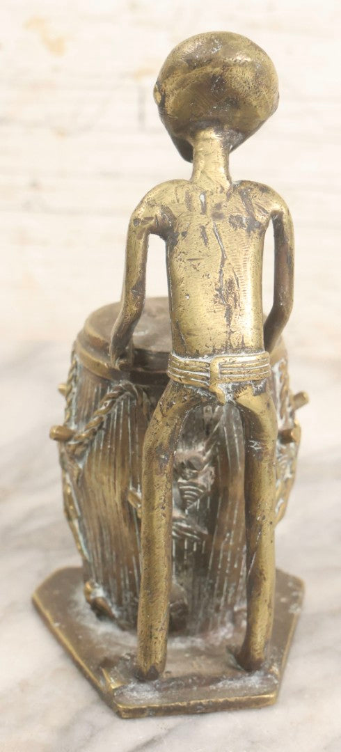 Lot 049 - Vintage Replica Cast Brass Figure Of Drummer Seated At Drum In West African Folk Art Style, 7" H
