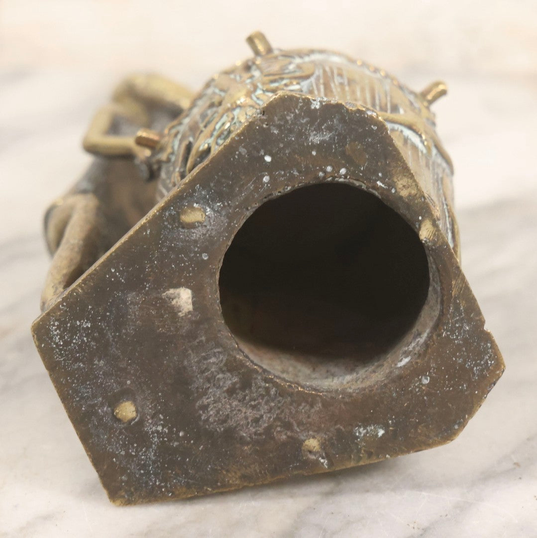 Lot 049 - Vintage Replica Cast Brass Figure Of Drummer Seated At Drum In West African Folk Art Style, 7" H