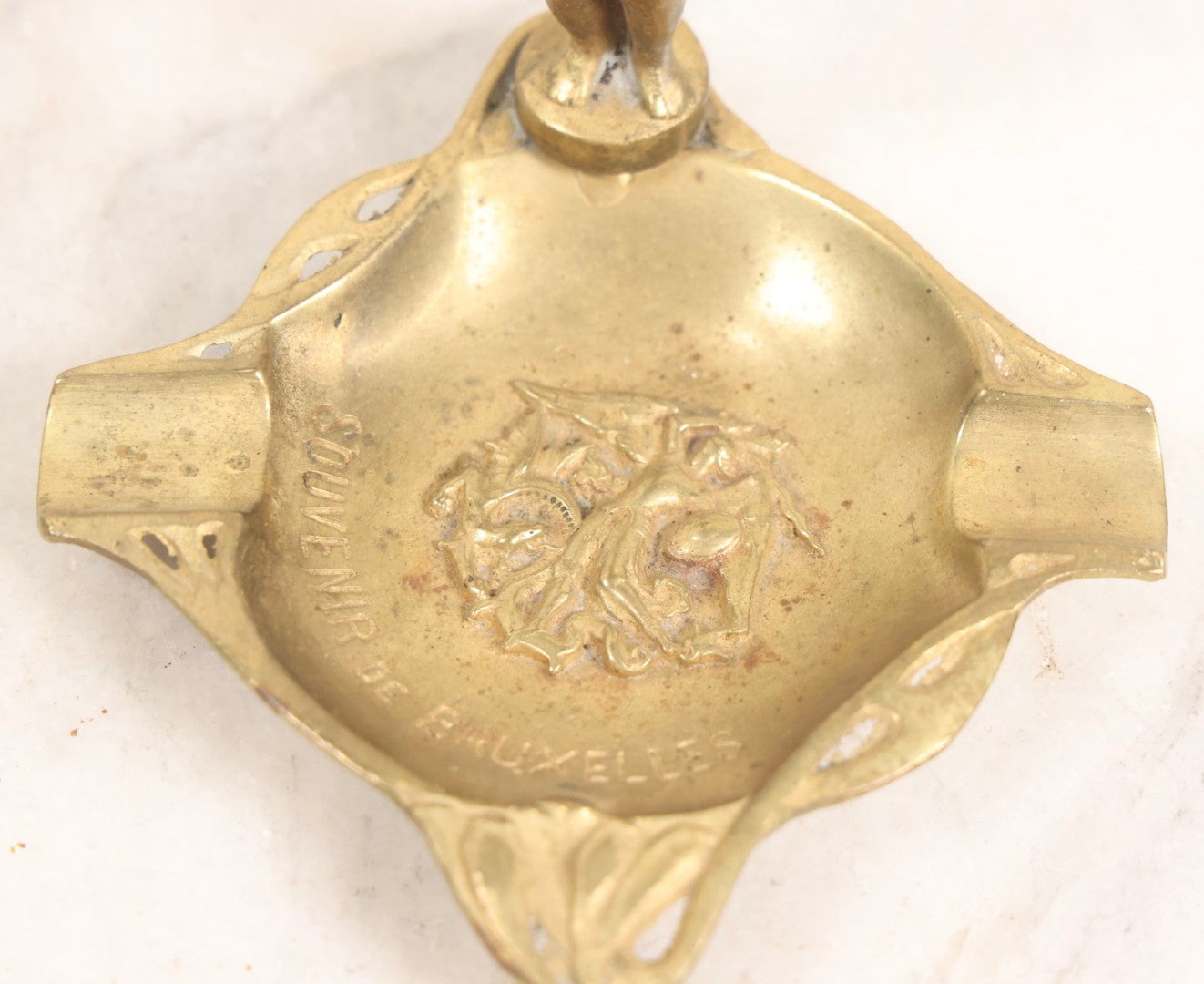 Lot 050 - Pair Of Vintage Cast Bronze "Souvenir De Bruxelles" Boy Ashtrays With Winged Herald And Dragon Motif, 3-5/8" H Each