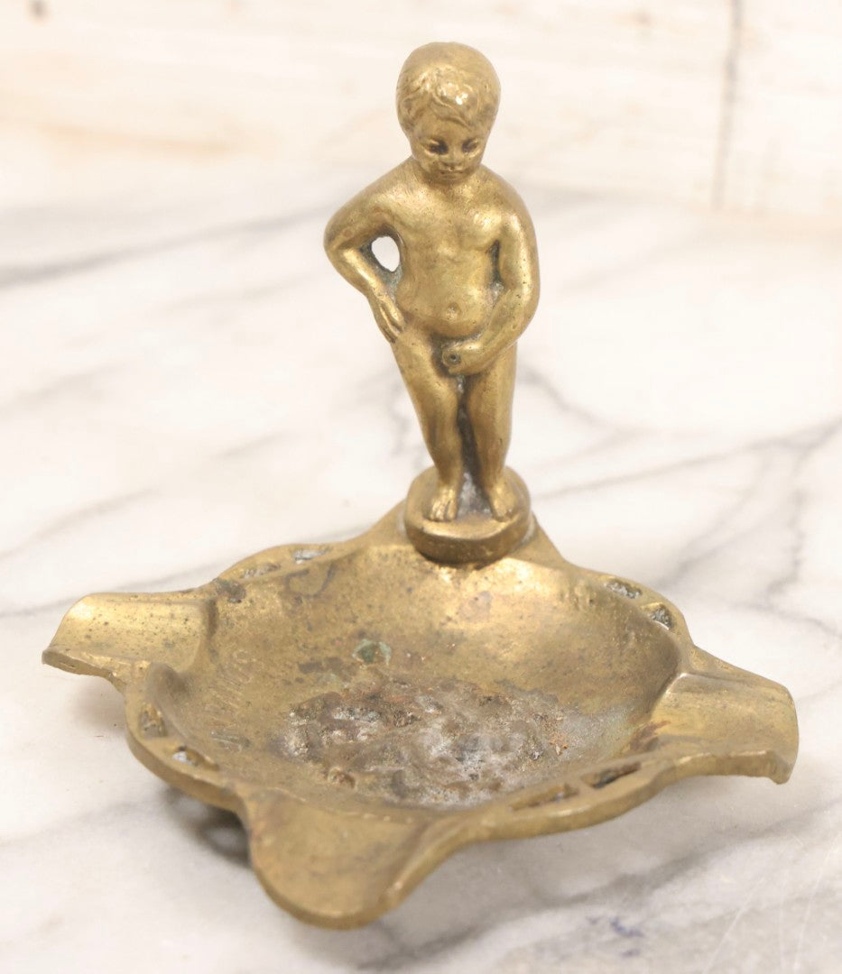 Lot 050 - Pair Of Vintage Cast Bronze "Souvenir De Bruxelles" Boy Ashtrays With Winged Herald And Dragon Motif, 3-5/8" H Each