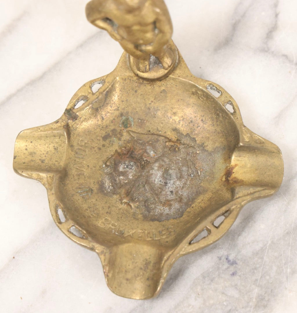 Lot 050 - Pair Of Vintage Cast Bronze "Souvenir De Bruxelles" Boy Ashtrays With Winged Herald And Dragon Motif, 3-5/8" H Each