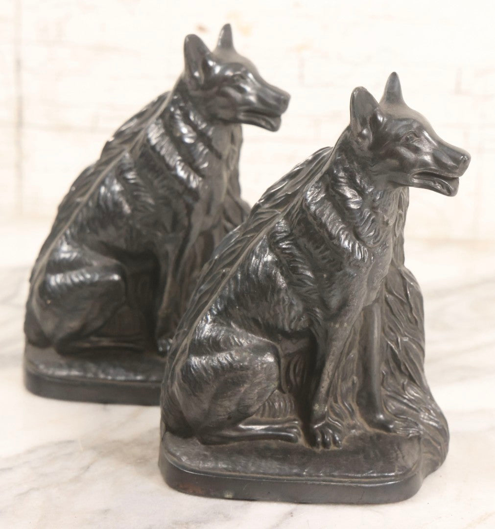 Lot 051 - Vintage Pair Of Cast Pot Metal Wolf Bookends With Foliage Background And Silver Finish, 6-5/8" H Each