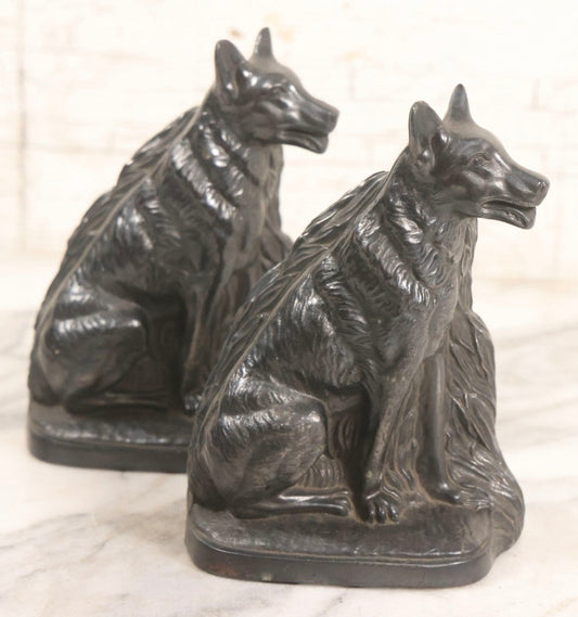 Lot 051 - Vintage Pair Of Cast Pot Metal Wolf Bookends With Foliage Background And Silver Finish, 6-5/8" H Each