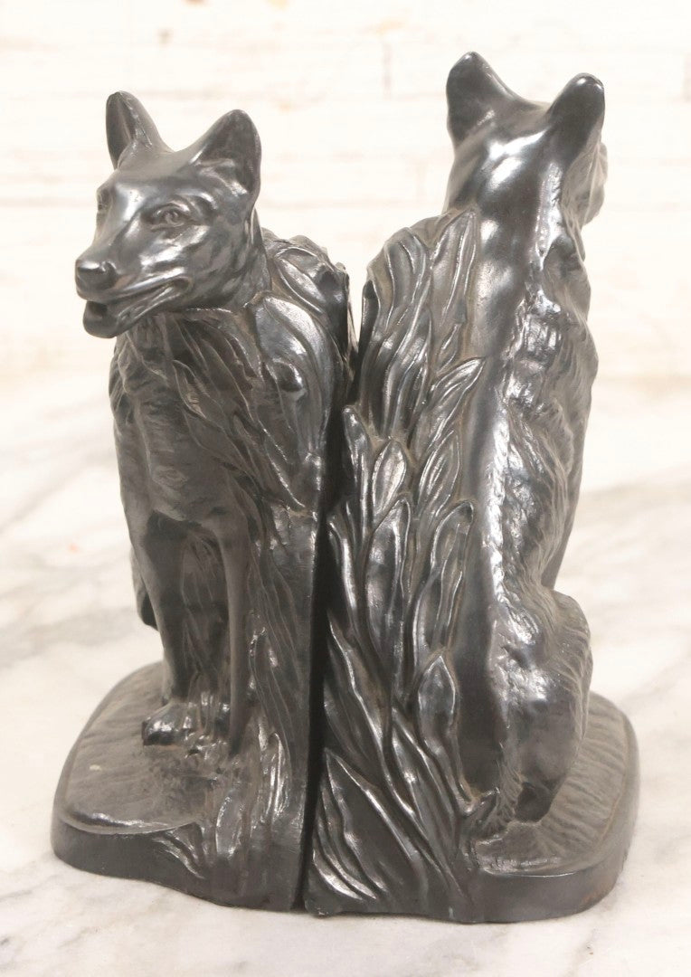 Lot 051 - Vintage Pair Of Cast Pot Metal Wolf Bookends With Foliage Background And Silver Finish, 6-5/8" H Each