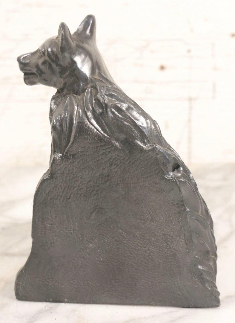 Lot 051 - Vintage Pair Of Cast Pot Metal Wolf Bookends With Foliage Background And Silver Finish, 6-5/8" H Each