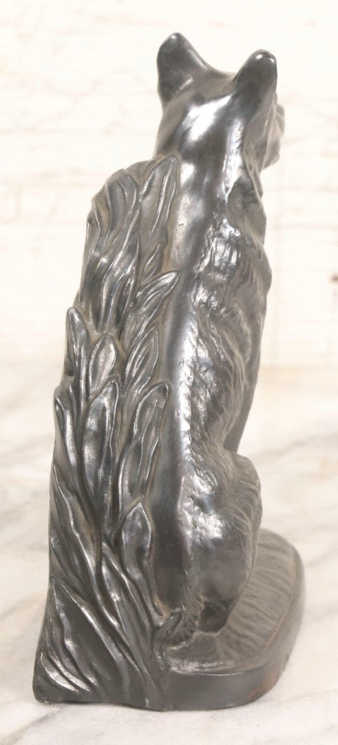 Lot 051 - Vintage Pair Of Cast Pot Metal Wolf Bookends With Foliage Background And Silver Finish, 6-5/8" H Each