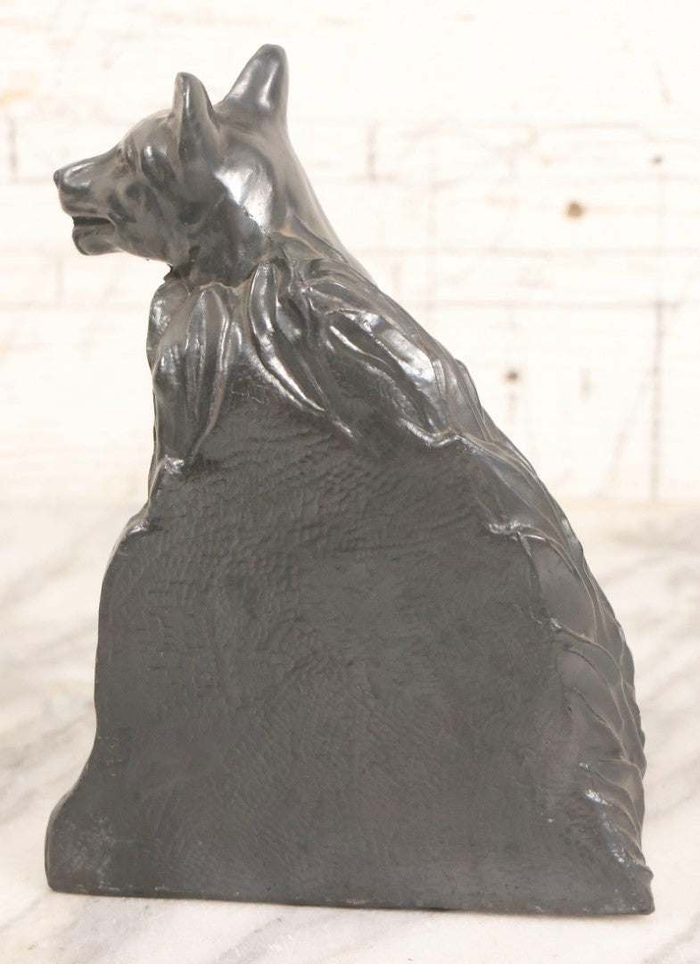 Lot 051 - Vintage Pair Of Cast Pot Metal Wolf Bookends With Foliage Background And Silver Finish, 6-5/8" H Each