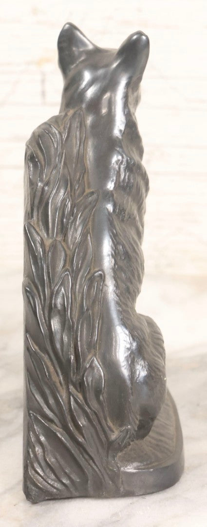 Lot 051 - Vintage Pair Of Cast Pot Metal Wolf Bookends With Foliage Background And Silver Finish, 6-5/8" H Each