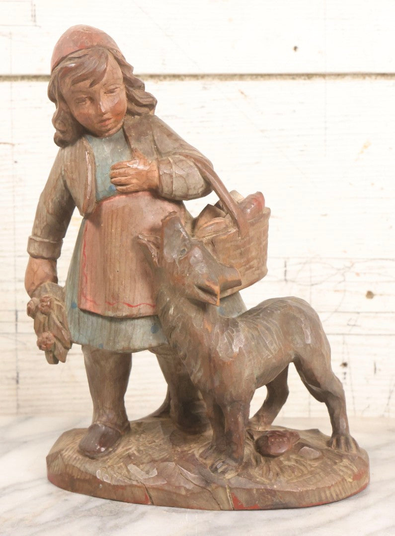 Lot 052 - Vintage Hand Carved Folk Art Wooden Statue Of Girl With Basket Of Groceries And Begging Dog, Hand Painted, 9-3/4" H