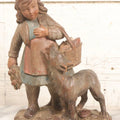 Lot 052 - Vintage Hand Carved Folk Art Wooden Statue Of Girl With Basket Of Groceries And Begging Dog, Hand Painted, 9-3/4" H