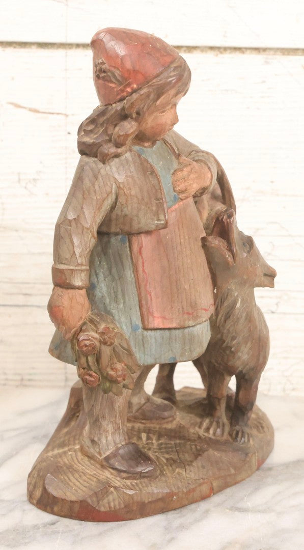 Lot 052 - Vintage Hand Carved Folk Art Wooden Statue Of Girl With Basket Of Groceries And Begging Dog, Hand Painted, 9-3/4" H