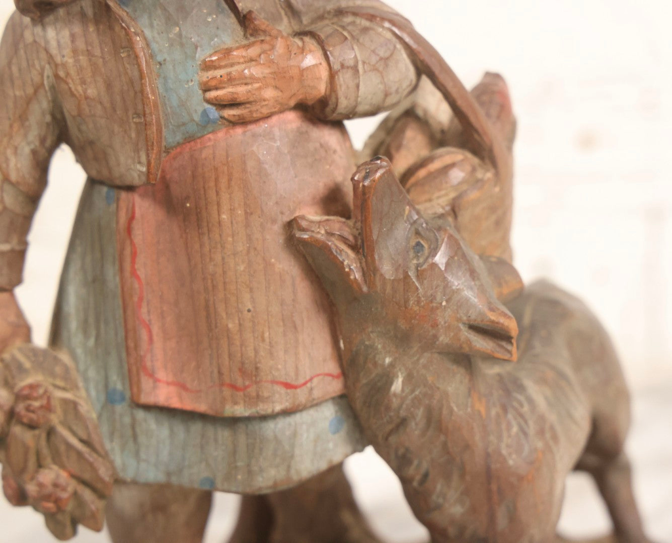 Lot 052 - Vintage Hand Carved Folk Art Wooden Statue Of Girl With Basket Of Groceries And Begging Dog, Hand Painted, 9-3/4" H