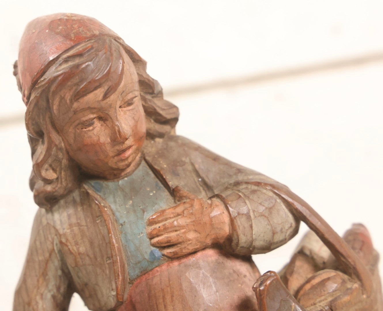 Lot 052 - Vintage Hand Carved Folk Art Wooden Statue Of Girl With Basket Of Groceries And Begging Dog, Hand Painted, 9-3/4" H