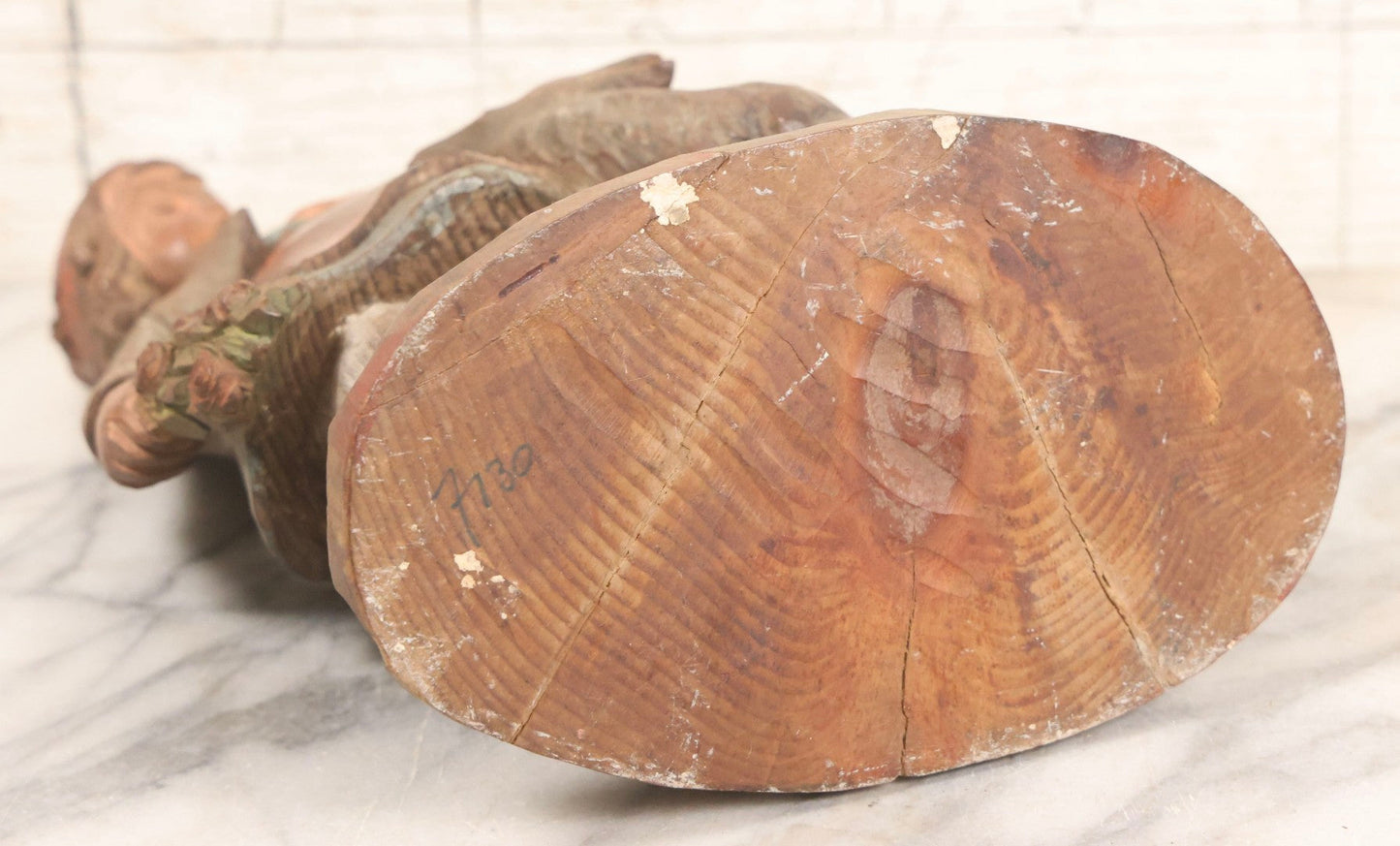 Lot 052 - Vintage Hand Carved Folk Art Wooden Statue Of Girl With Basket Of Groceries And Begging Dog, Hand Painted, 9-3/4" H