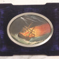 Lot 055 - Antique Hand-Colored Engraving Of Ship On Fire In Storm With Lightning, In Victorian Purple Velvet Frame With Silver Metal Surround, 8-1/2" x 6-1/2"
