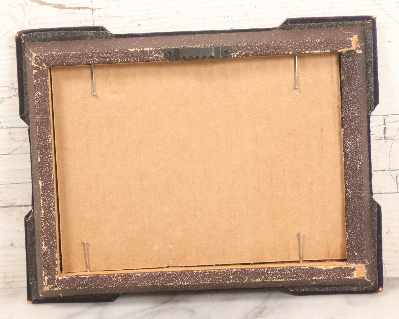 Lot 055 - Antique Hand-Colored Engraving Of Ship On Fire In Storm With Lightning, In Victorian Purple Velvet Frame With Silver Metal Surround, 8-1/2" x 6-1/2"