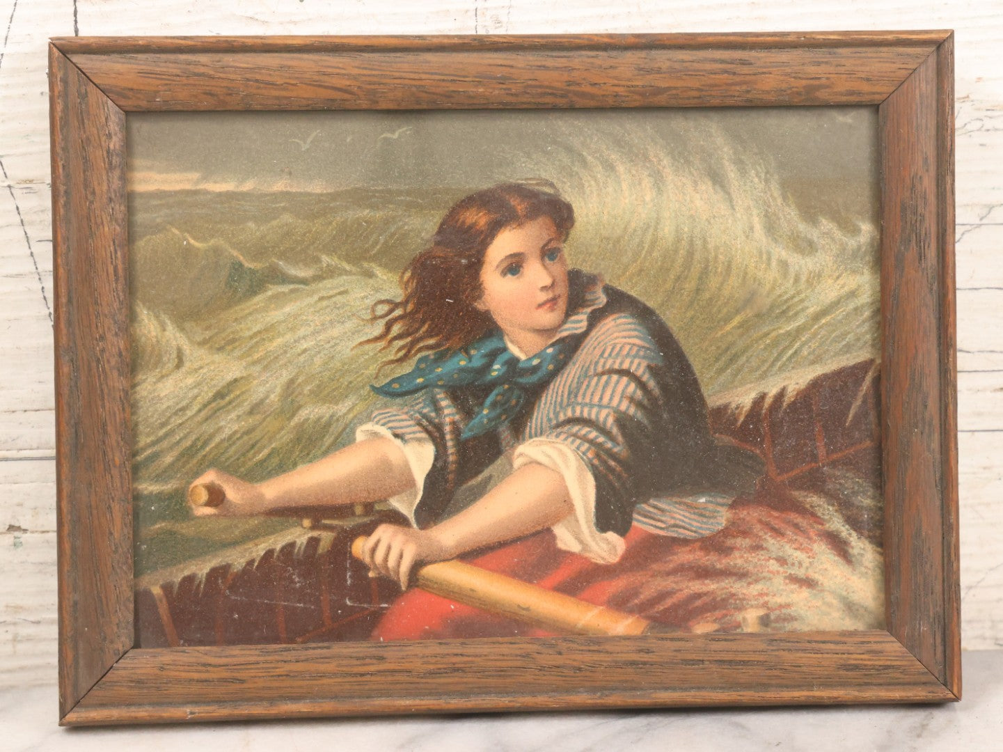 Lot 056 - Antique Chromolithograph Of Grace Darling After Thomas Brooks, Heroine Of The 1838 Forfarshire Rescue, In Simple Brown Frame, 8" x 6"