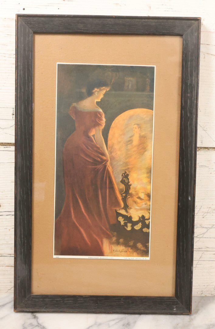 Lot 057 - Pair Of Antique Framed Prints "Firelight Fancies He" And "Firelight Fancies She" By Alfred James Dewey, National Art Co., New York, 1908, 9-1/2" x 15-3/8" Each