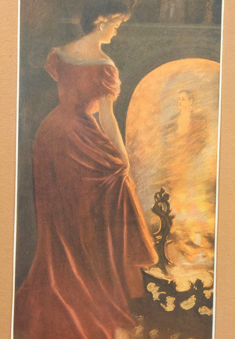 Lot 057 - Pair Of Antique Framed Prints "Firelight Fancies He" And "Firelight Fancies She" By Alfred James Dewey, National Art Co., New York, 1908, 9-1/2" x 15-3/8" Each