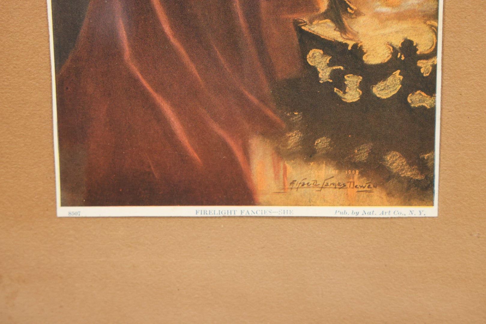 Lot 057 - Pair Of Antique Framed Prints "Firelight Fancies He" And "Firelight Fancies She" By Alfred James Dewey, National Art Co., New York, 1908, 9-1/2" x 15-3/8" Each