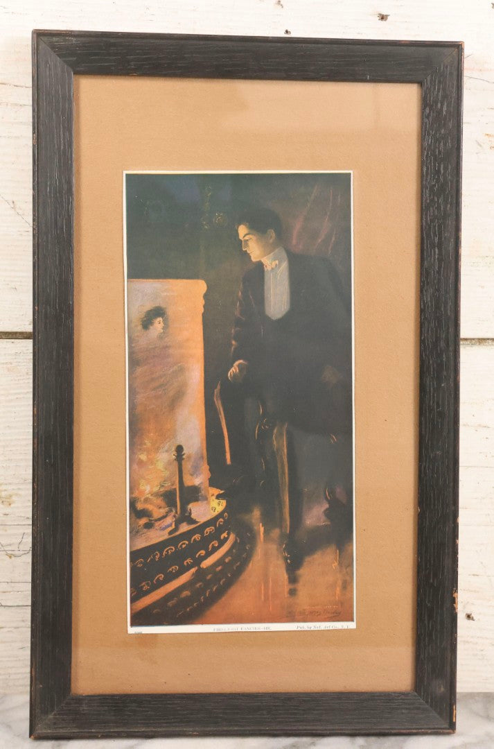 Lot 057 - Pair Of Antique Framed Prints "Firelight Fancies He" And "Firelight Fancies She" By Alfred James Dewey, National Art Co., New York, 1908, 9-1/2" x 15-3/8" Each