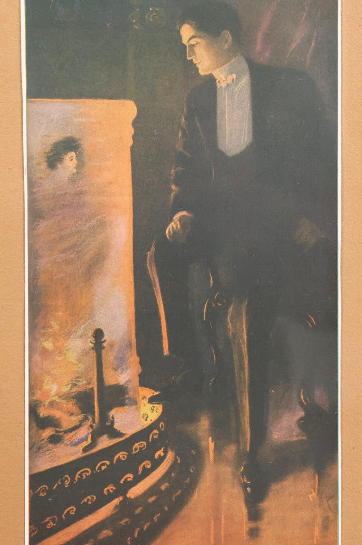 Lot 057 - Pair Of Antique Framed Prints "Firelight Fancies He" And "Firelight Fancies She" By Alfred James Dewey, National Art Co., New York, 1908, 9-1/2" x 15-3/8" Each