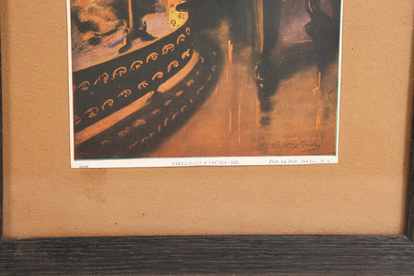 Lot 057 - Pair Of Antique Framed Prints "Firelight Fancies He" And "Firelight Fancies She" By Alfred James Dewey, National Art Co., New York, 1908, 9-1/2" x 15-3/8" Each